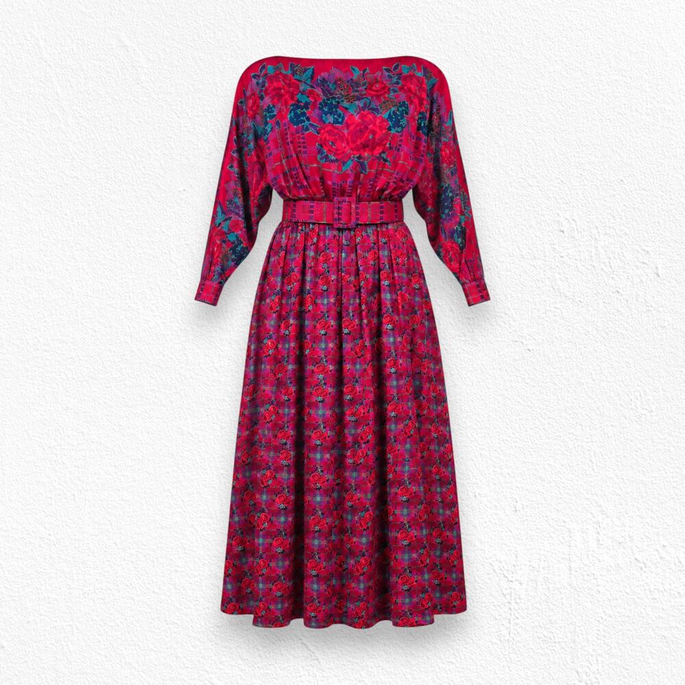 Vintage 80s Halston III Silk Floral Plaid Belted Dolman Midi Dress Size 4 USA